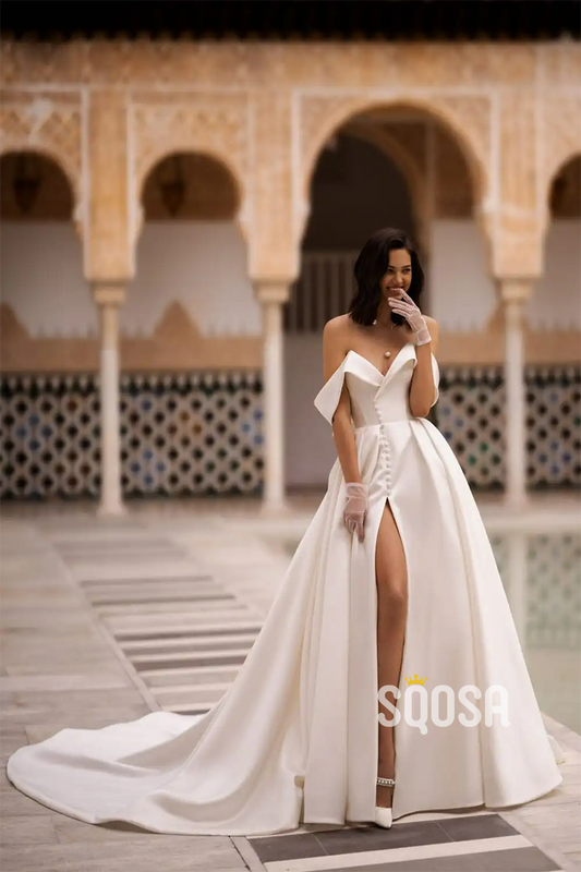 A Line V neck Satin Pleats Elegant Wedding Dress with Slit QW2316