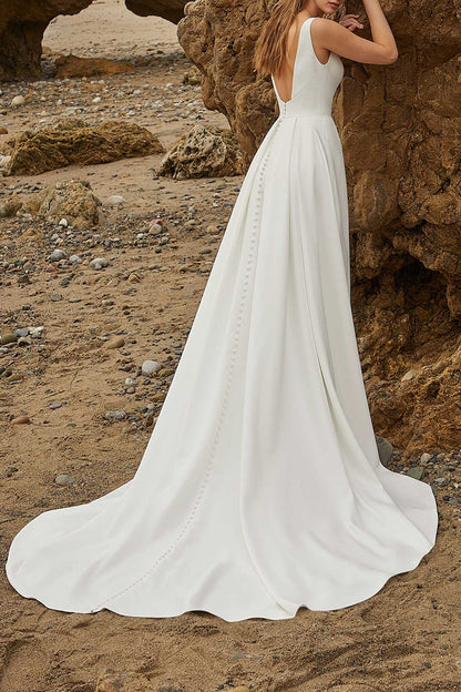 A Line  Sexy V Neck Simple Satin Wedding Dress with Slit QW2530
