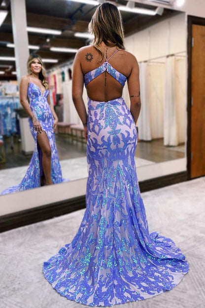 Sexy Plunging V neck Sequins Appliques Mermaid Prom Dress with Slit QP2304