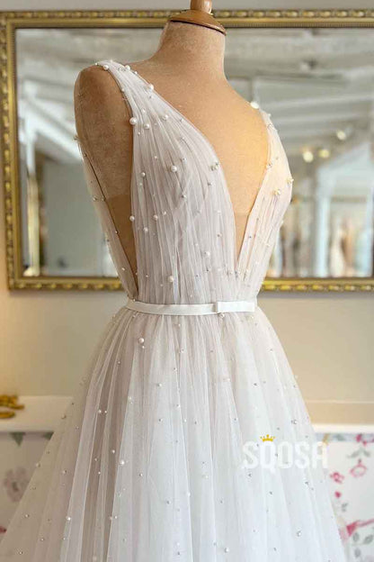 A Line Sexy V neck Pearls Elegant Wedding Dress QW2691