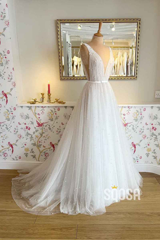 A Line Sexy V neck Pearls Elegant Wedding Dress QW2691