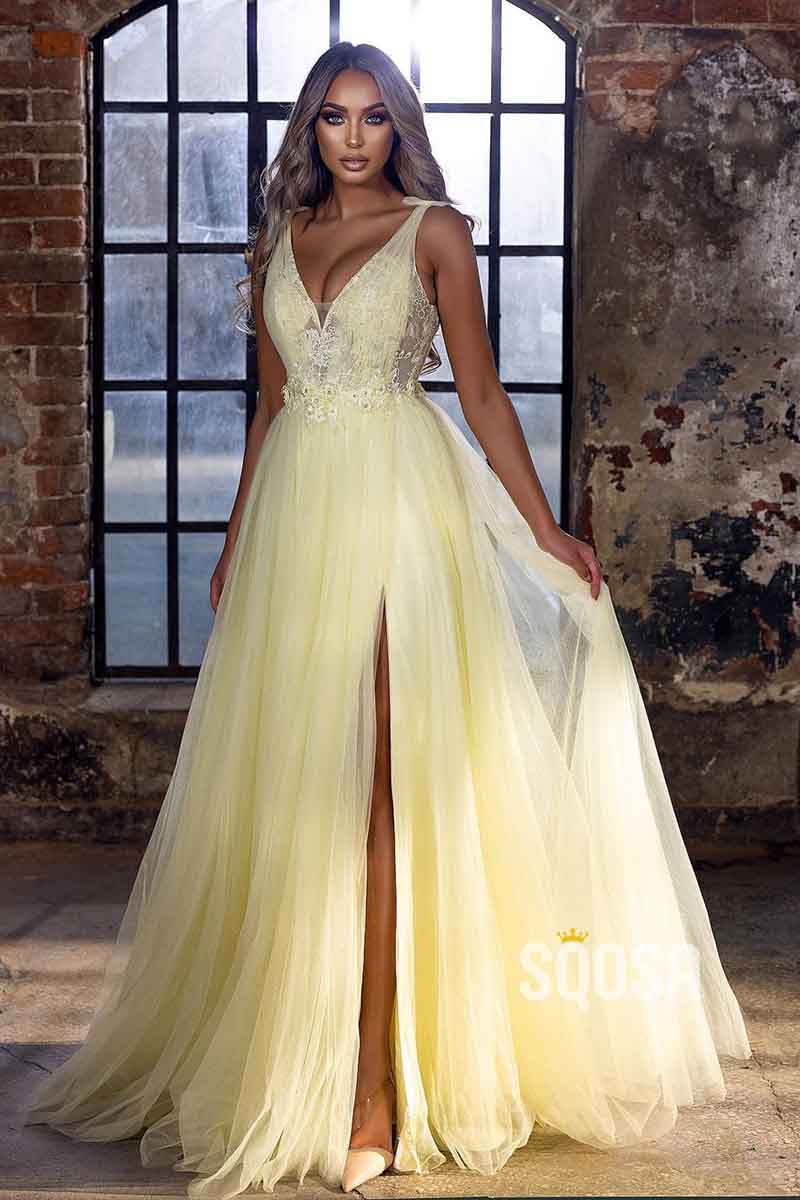 A Line V neck Tulle Beads Long Prom Party Dress with Slit QP2231