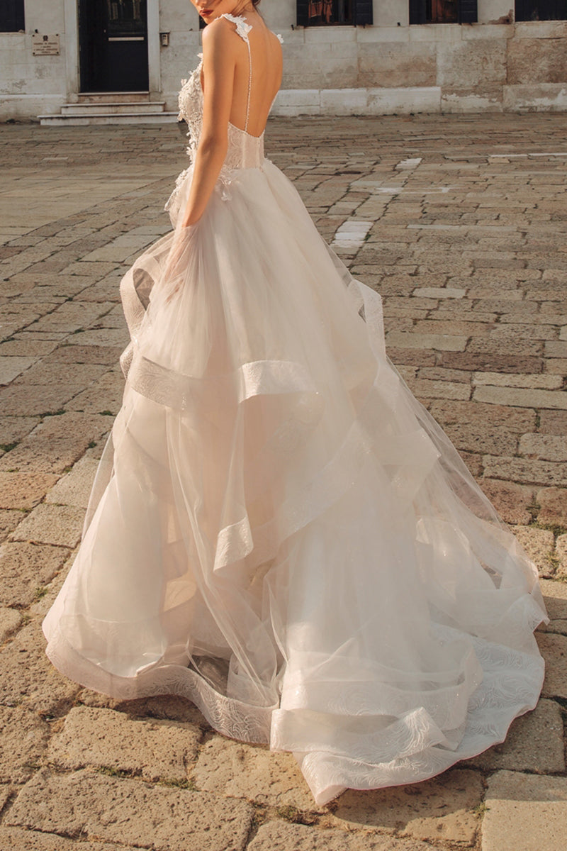 A Line V neck Lace Appliques Ruffles Rustic Wedding Dress QW2301