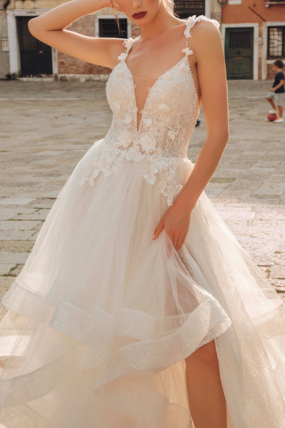 A Line V neck Lace Appliques Ruffles Rustic Wedding Dress QW2301
