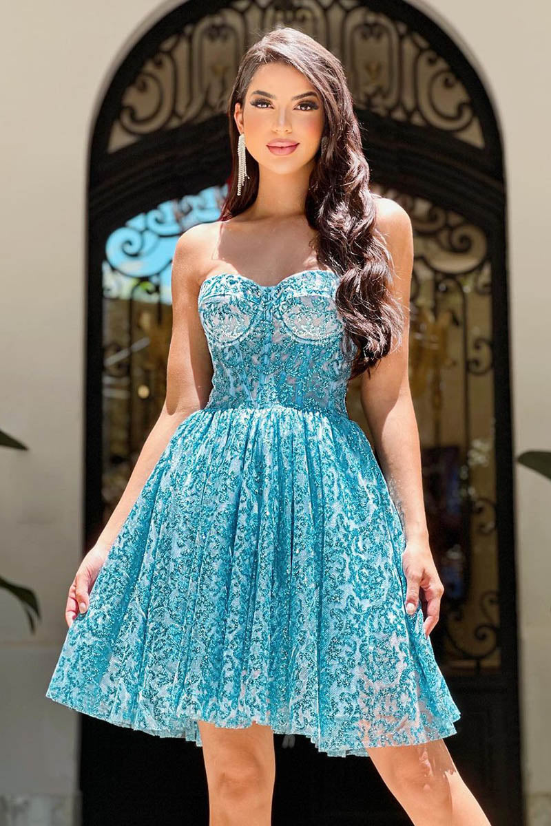 A Line Sweetheart Tulle Short Homecoming Dress Glitter Party Gown QH2484
