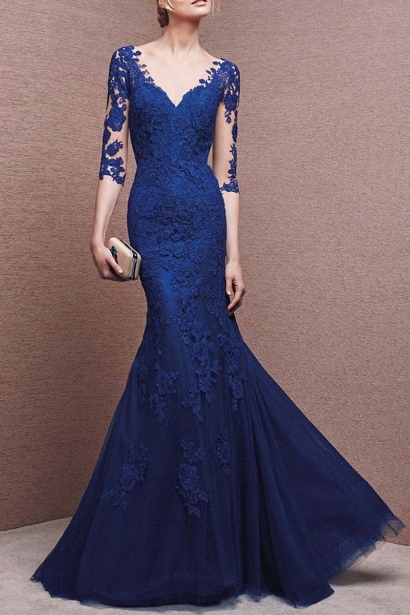 Sexy V Neck Lace Appliques 3/4 Sleeves Mother of the Bride Dress Mermaid Evening Gowns QM3195