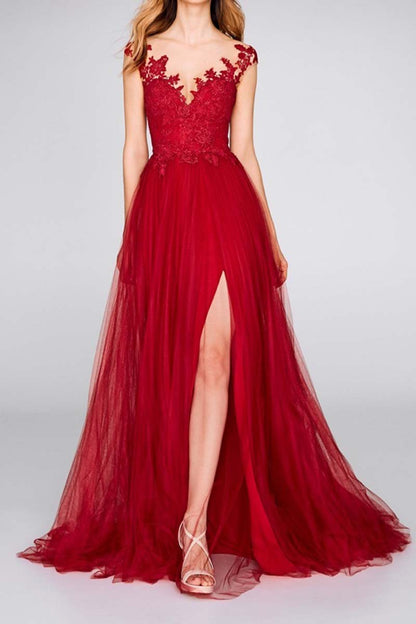 A line Illusion Neckline Lace Appliques Red Long Evening Dress Side Slit Elegant Mother of the Bride DressQM3203