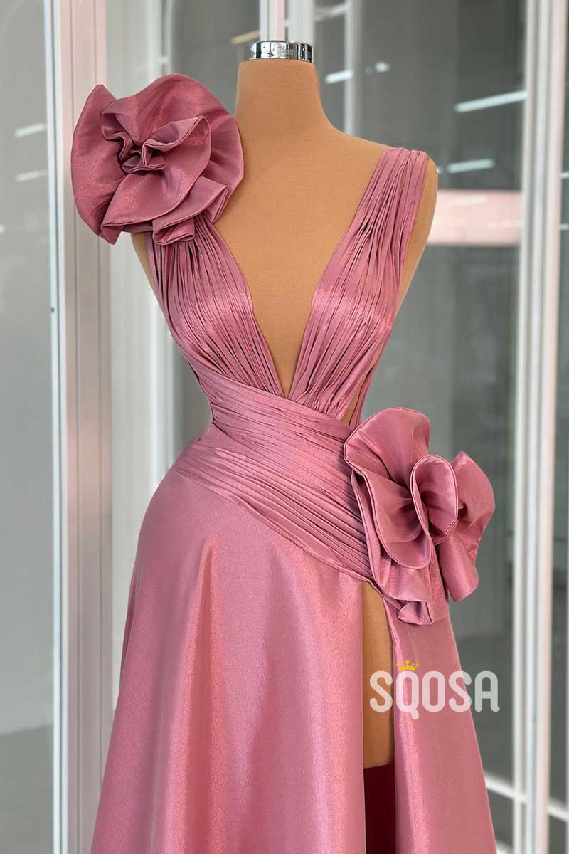 A-Line V-Neck Floral Embossed With Side Slit Formal Prom Dress QP3492