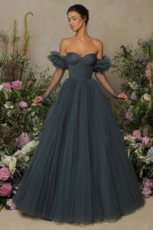 Ball Gown Sweetheart Long Sleeves Tulle Long Formal Evening Gown QP2965