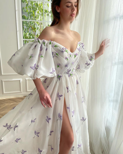 A Line Off the Shoulder Side Slit Long Prom Dress with Pockets QP2456