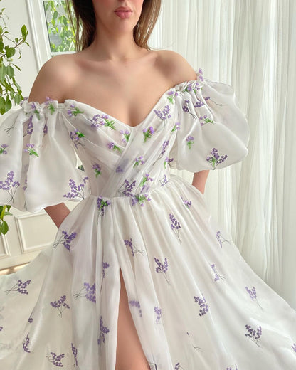 A Line Off the Shoulder Side Slit Long Prom Dress with Pockets QP2456
