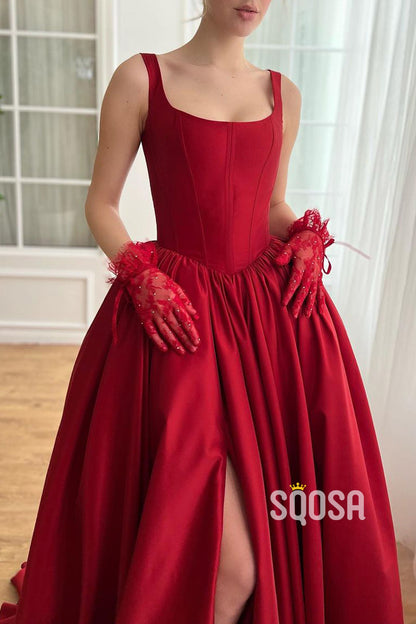 Satin A-Line Bateau Spaghetti Straps With Side Slit Train Party Prom Evening Dress  QP3317