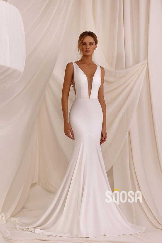 Elegant Mermaid Deep V-Neck Casual Wedding Dress Bridal Gowns With Train QW8067