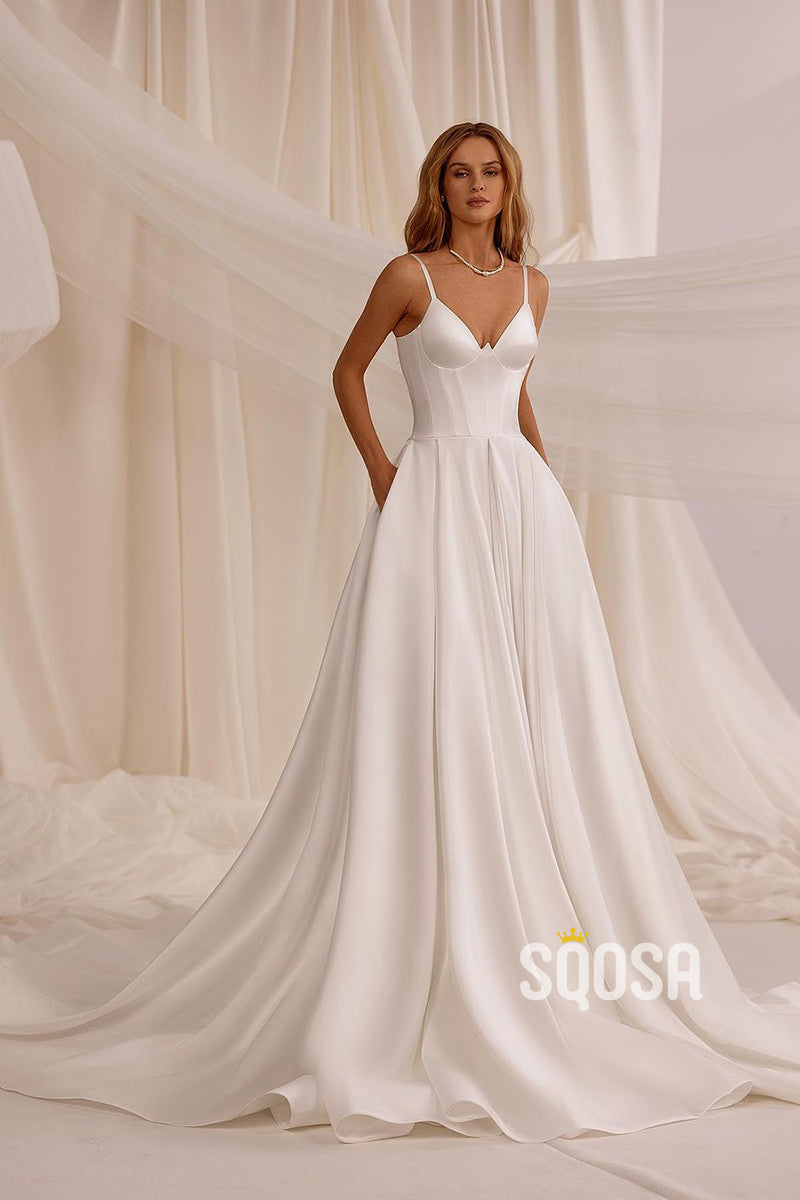 A-Line V-Neck Straps Satin Wedding Dress Bridal Gowns With Train QW8066