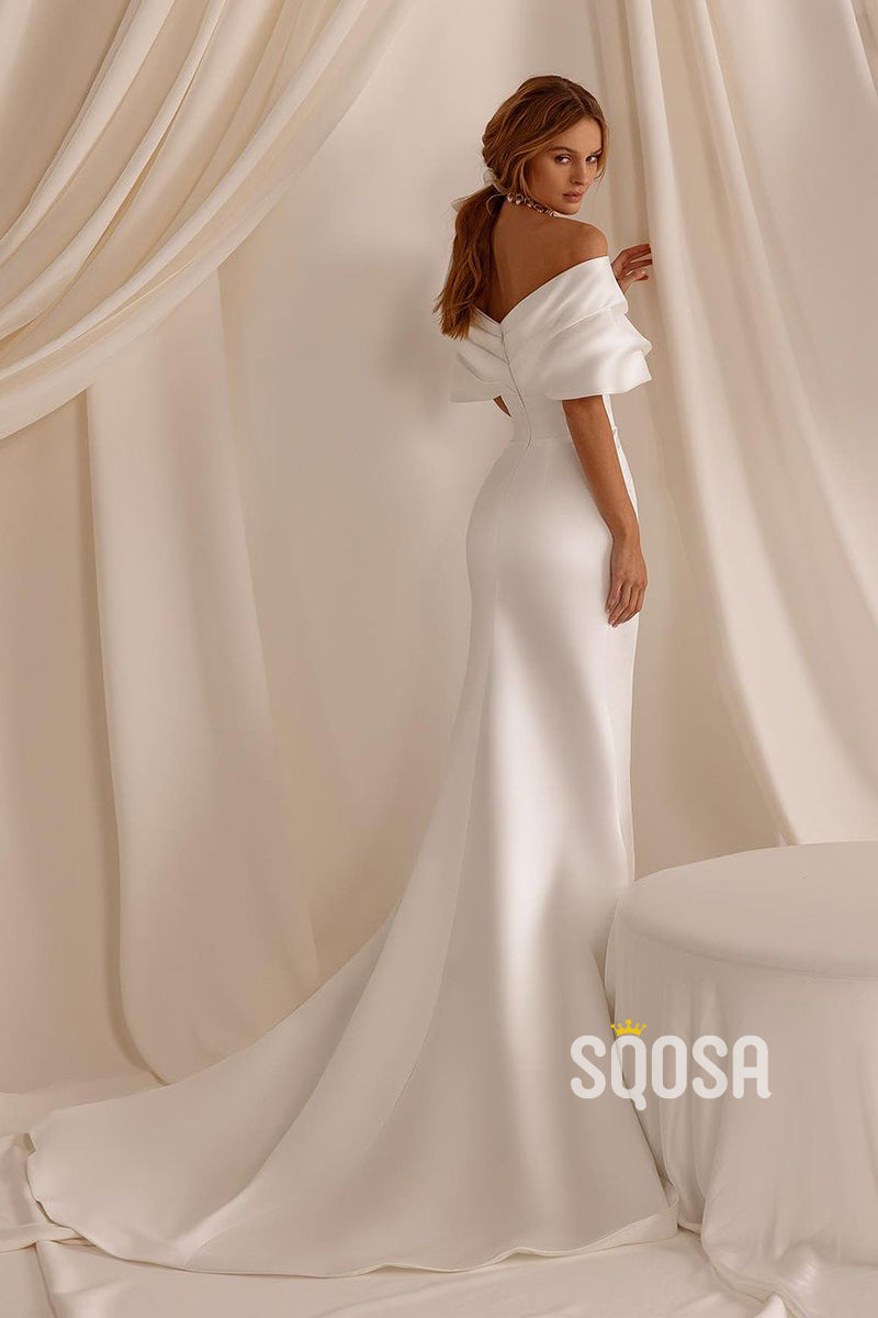 Sheath Off-Shoulder Pleats Casual Wedding Dress Bridal Gowns With Train  QW8065