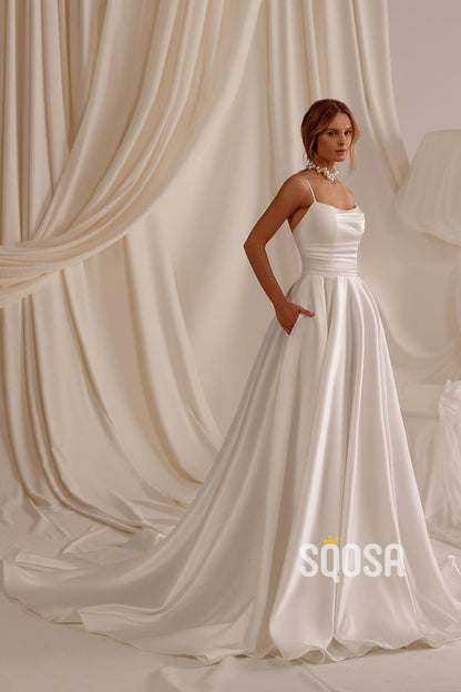 A-Line Spaghetti Straps Satin Casual Wedding Dress Bridal Gowns With Train QW8063