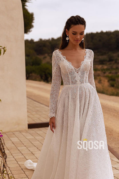 A-Line Lace V-Neck Sleeves Sheer Wedding Dress Bridal Gowns With Train QW8068