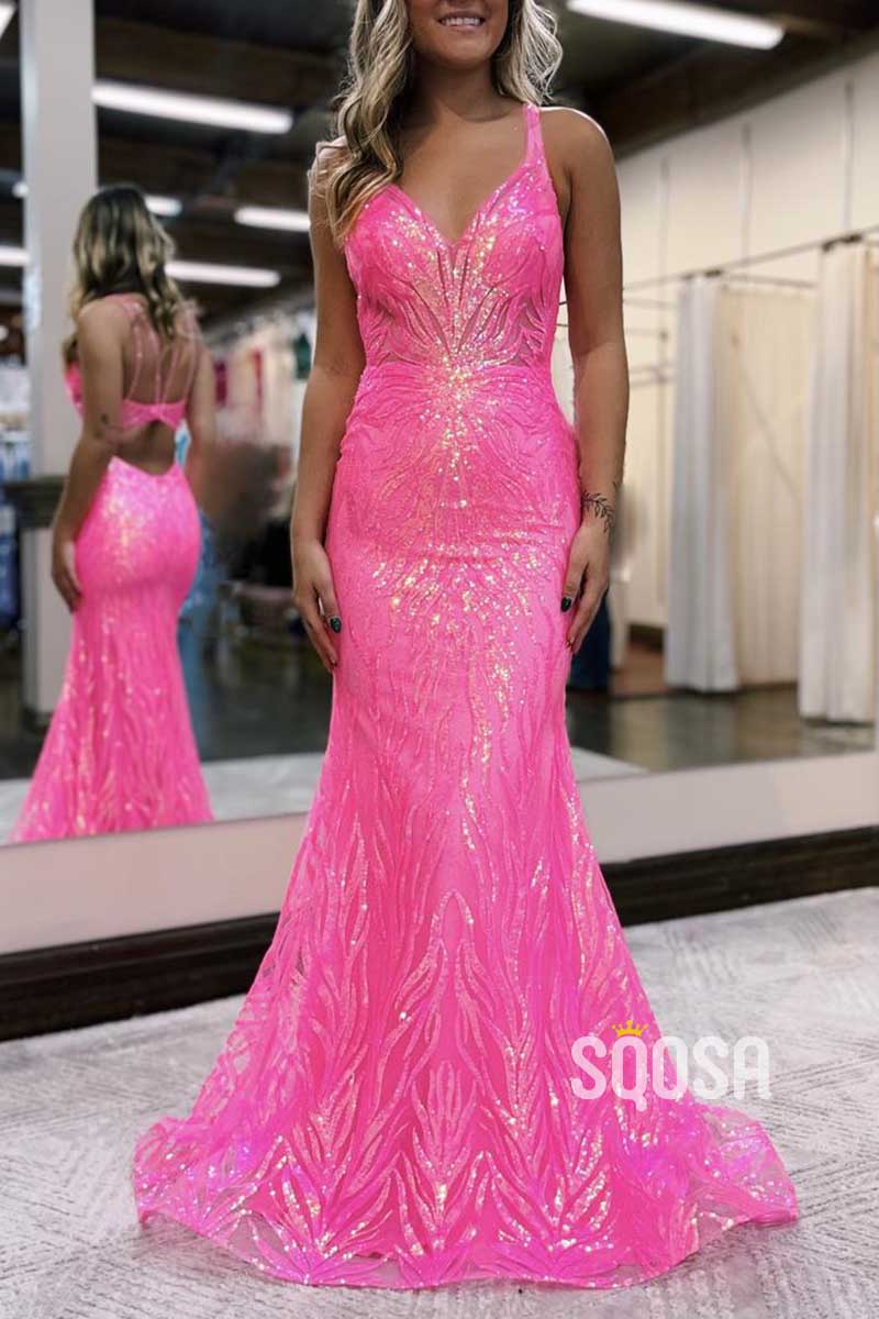 Sexy V-Neck Spaghetti Straps Sequined Appliques Trumpet Party Prom Evening Dress QP3457