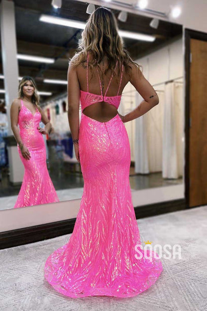 Sexy V-Neck Spaghetti Straps Sequined Appliques Trumpet Party Prom Evening Dress QP3457