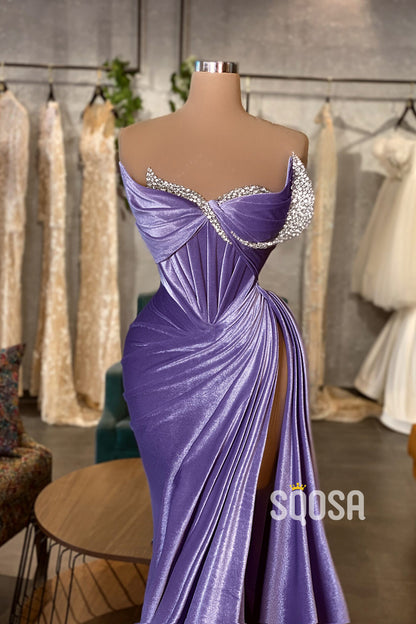Velvet Purple Beaded Strapless Pleats Long Prom Dress With Slit Evening Gowns QP3178