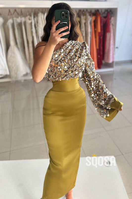 Sequins One Shoulder Green Long Sleeves Prom Dress Evening Gowns QP3194