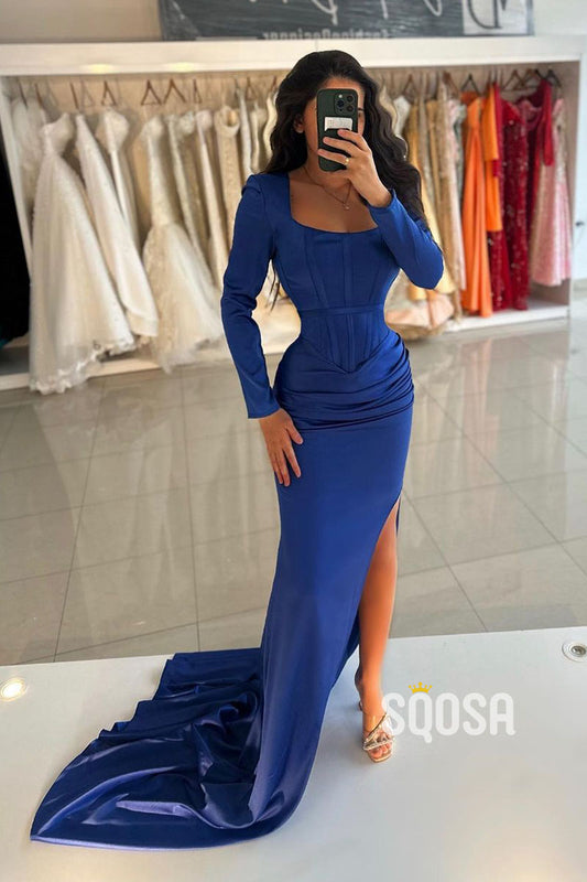 Sheath/Column Square Pleats Long Sleeves Blue Prom Dress Party Dress QP2603