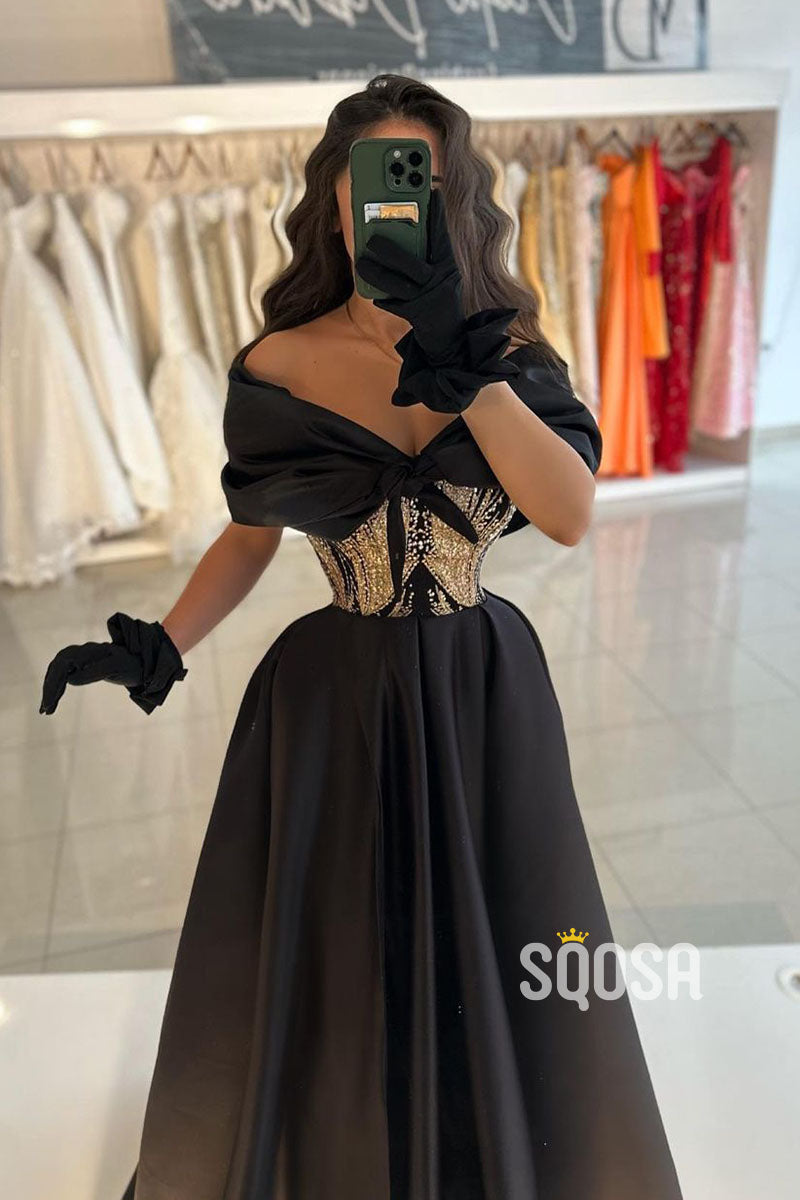 A-line Off-Shoulder Beaded Waist Satin Long Prom Dress Evening Gowns QP2602