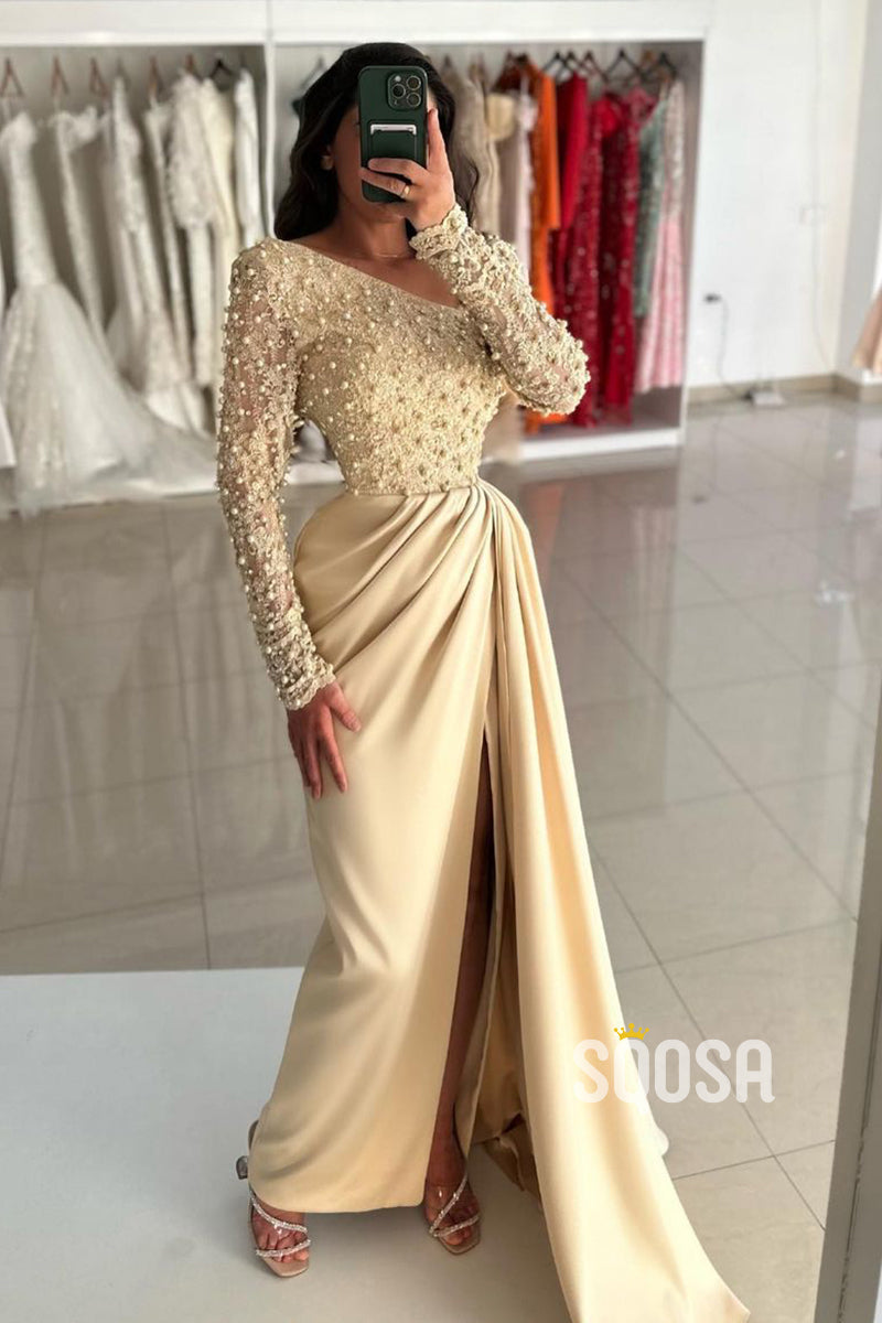 Champagne Beaded Asymmetrical Neck Prom Dress With Split Evening Gowns QP3196