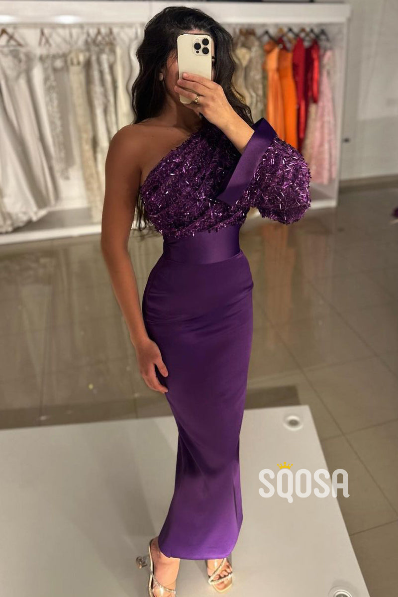 Purple One Shoulder Sequins Long Prom Dress Evening Gowns QP3195