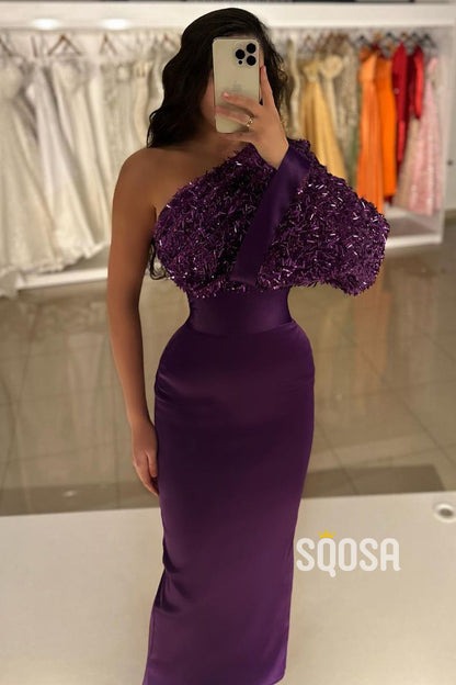 Purple One Shoulder Sequins Long Prom Dress Evening Gowns QP3195