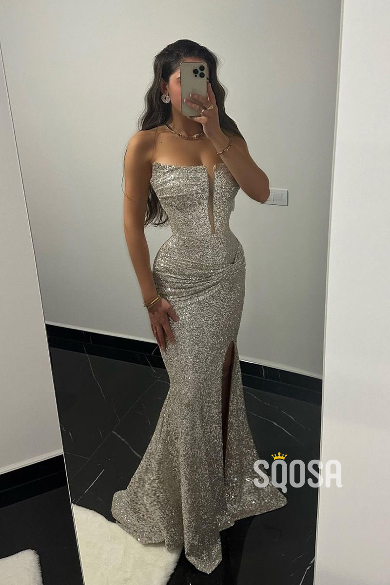 Sparkly Strapless Sheath Long Prom Dress With Split Evening Gowns QP3192