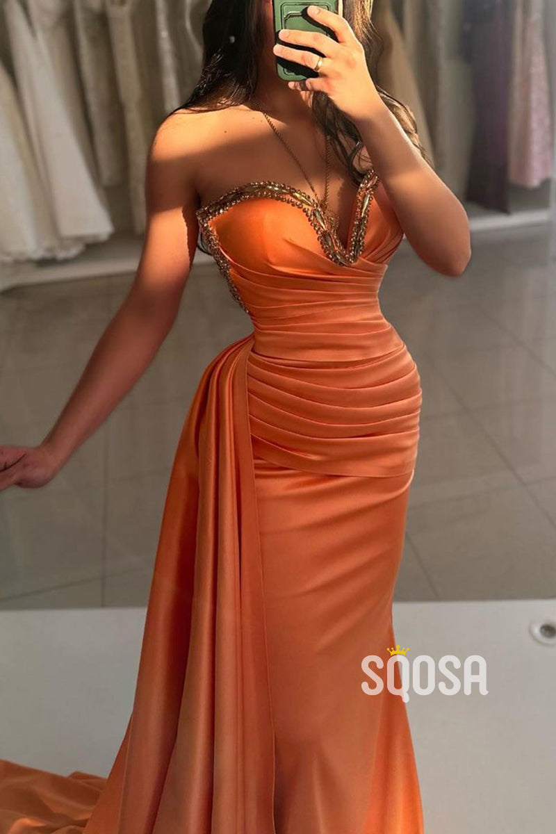 Sheath Sweetheart Strapless Beaded Ruched With Train Party Prom Evening Dress QP3252
