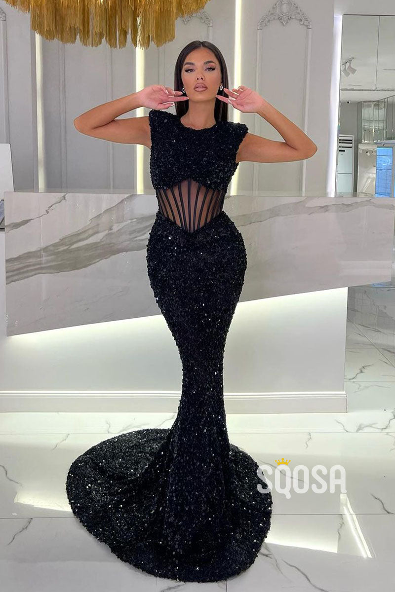 Trumpet/Mermaid Round Black Sequins Long Prom Dress Evening Gown QP2501
