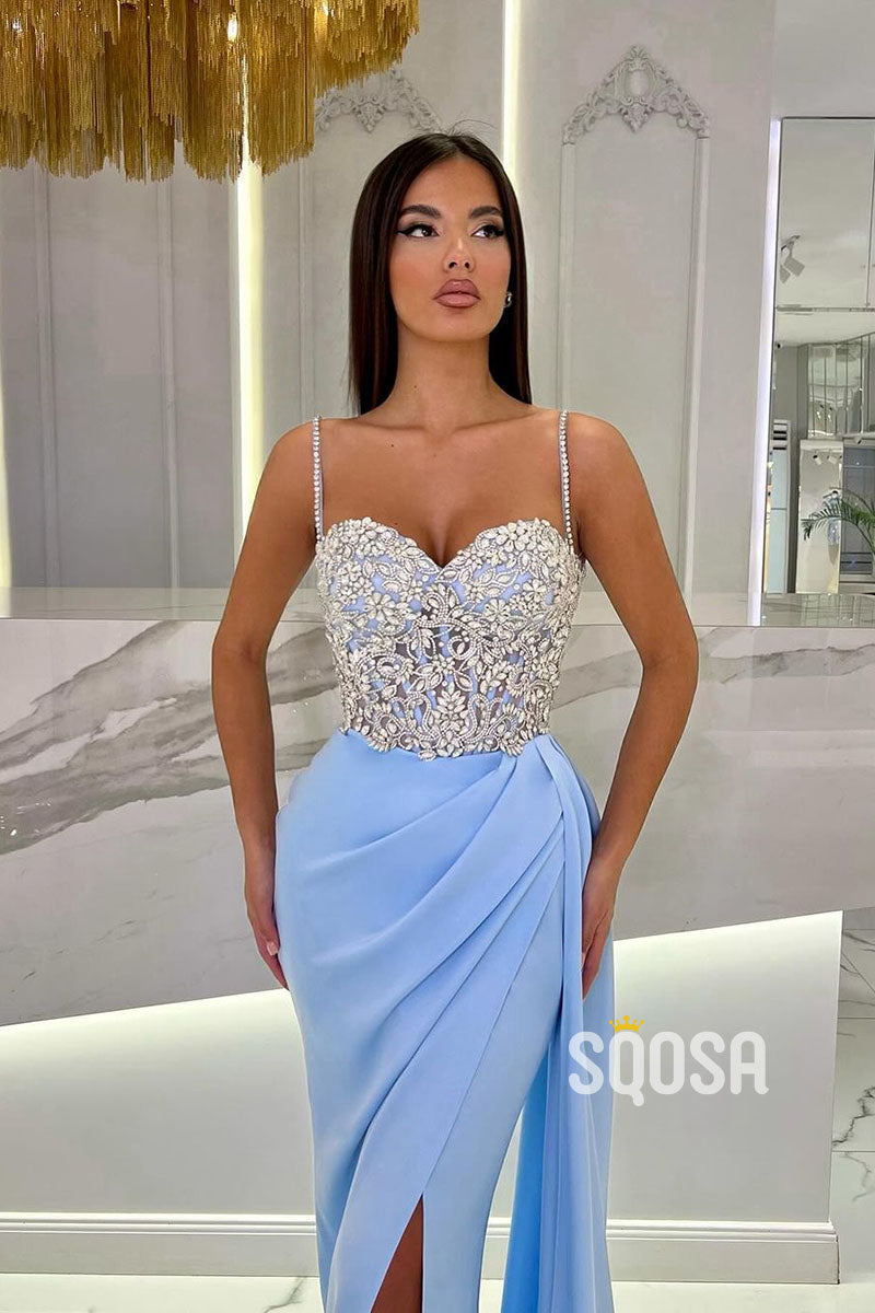 Sheath/Column Sweetheart Straps Beaded Long Prom Dress Evening Gown QP2508