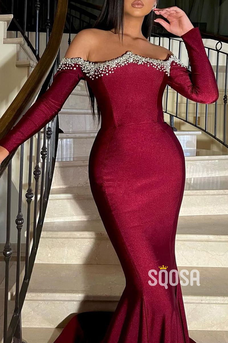 Trumpet Off-Shoulder Long Sleeve Beaded With Train Party Prom Evening Dress  QP3269