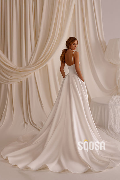 A-Line Spaghetti Straps Satin Casual Wedding Dress Bridal Gowns With Train QW8063