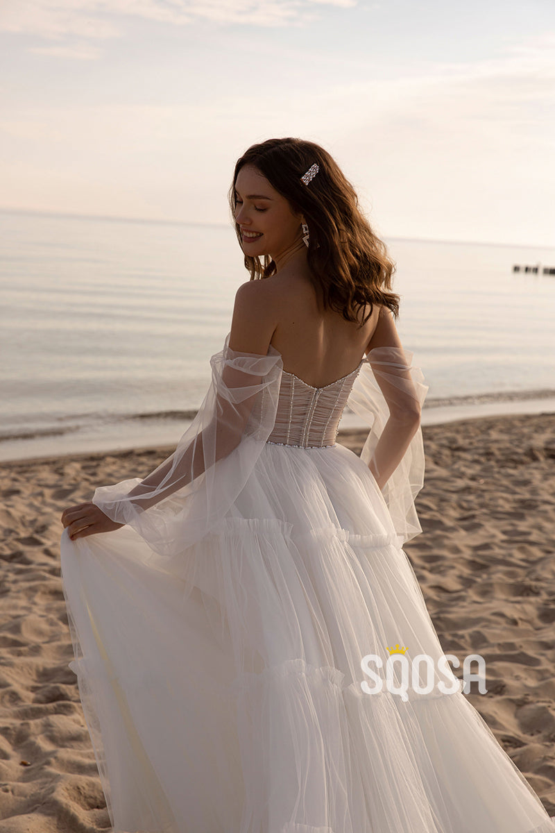 QW8028 - A-Line Tulle Beaded Off-Shoulder Sheer Wedding Boho Dress Simple Bridal Gowns