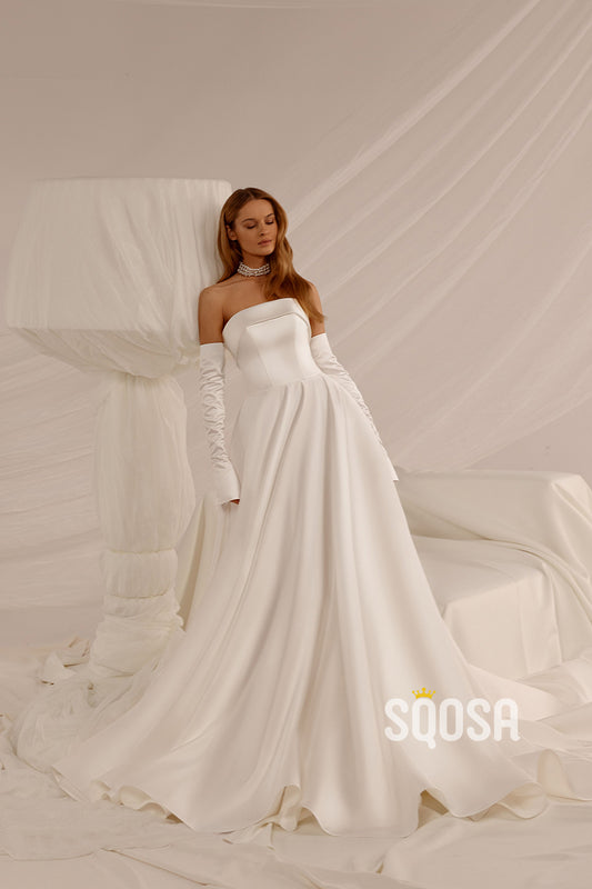 Elegant A-Line Strapless Long Sleeves Wedding Dress Bridal Gowns With Train QW8062