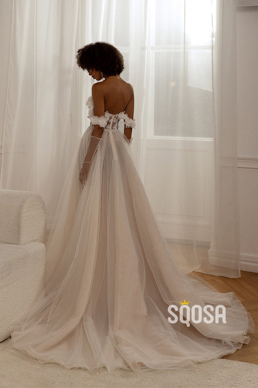 QW8013 - A-Line Off-Shoulder Sheer Floral Embossed Tulle Wedding Boho Dresses