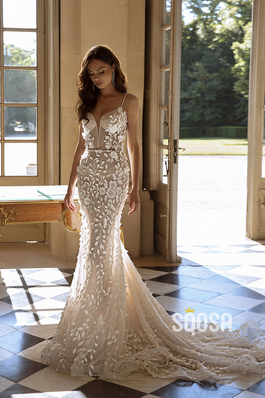 Luxurious Mermaid Applique Straps Illusion Wedding Dress Bridal Gowns QW8079