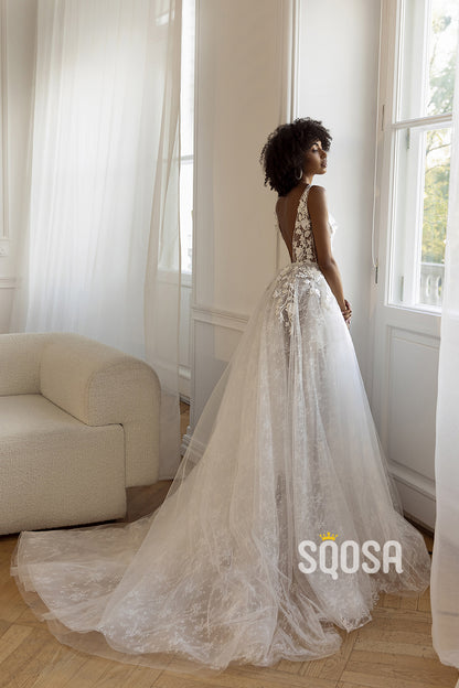 QW8019 - A-Line V-Neck Beaded Applique Tulle Sheer Wedding Boho Dress Bridal Gowns
