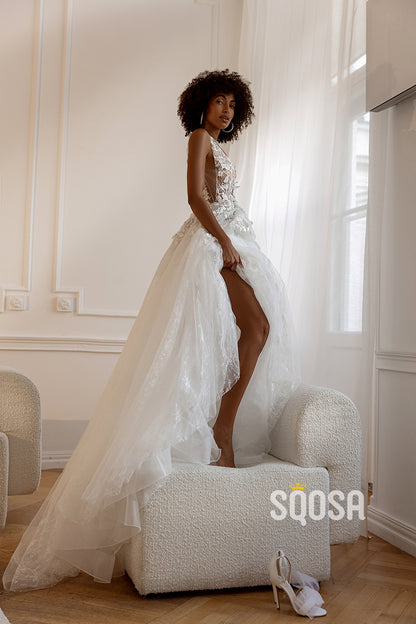 QW8019 - A-Line V-Neck Beaded Applique Tulle Sheer Wedding Boho Dress Bridal Gowns