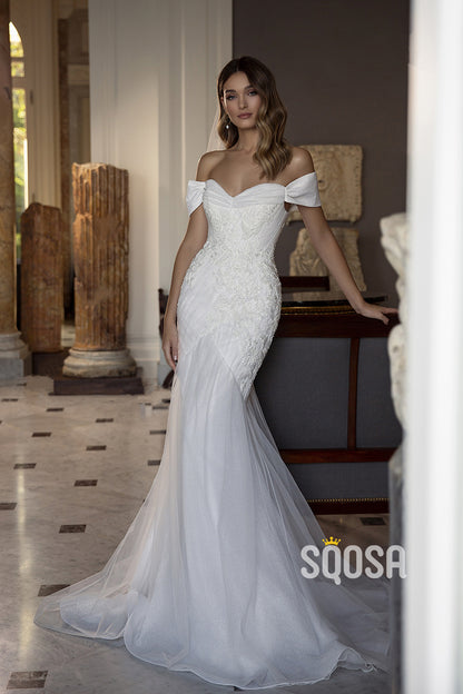 Mermaid Off-Shoulder Applique Bowknot Wedding Dress Bridal Gowns With Train QW8072