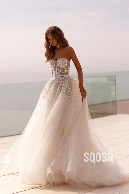 QW8021 - A-Line Strapless Appllqiue Sheer Wedding Boho Dress Bridal Gowns