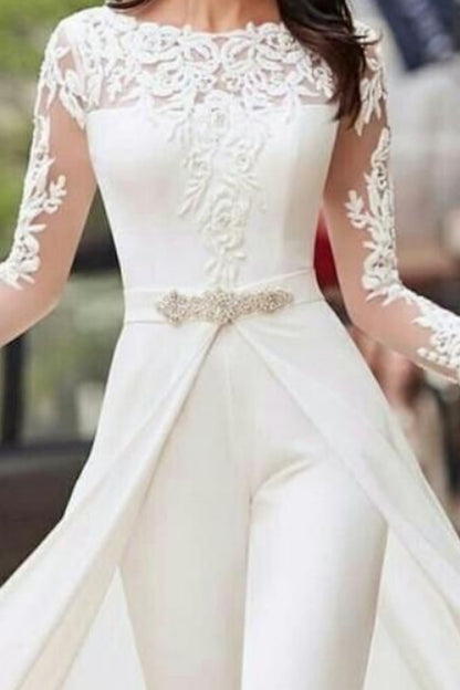 Hall Casual Wedding Dresses Jumpsuits Long Sleeves Illusion Neckline With Sashes / Ribbons Crystals 2023 Bridal Gowns QW2397