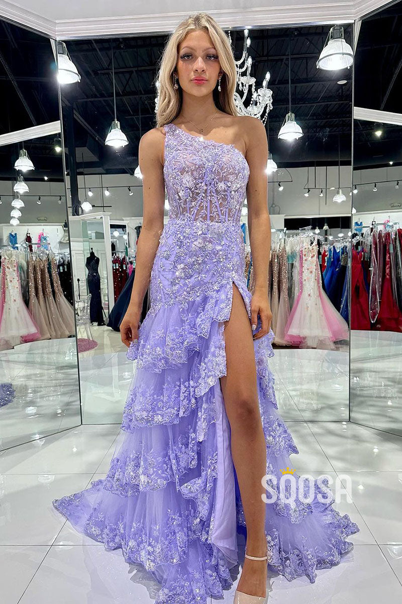Lilac One Shoulder Sequins Applique Illusion Ball Gowwn Prom Dress wiith Slit QP2599