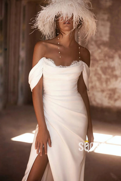 Detachable Off-Shoulder Satin Fitted Pleats With Side Slit Wedding Dress  QW8092