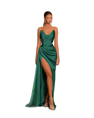 Sexy V-Neck Satin Pleated Sheath Long Prom Formal Dress with Slit Dust ...