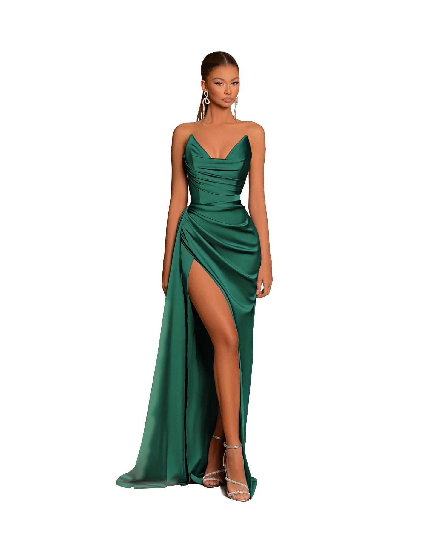 Sexy V-Neck Satin Pleated Sheath Long Prom Formal Dress with Slit QP1030
