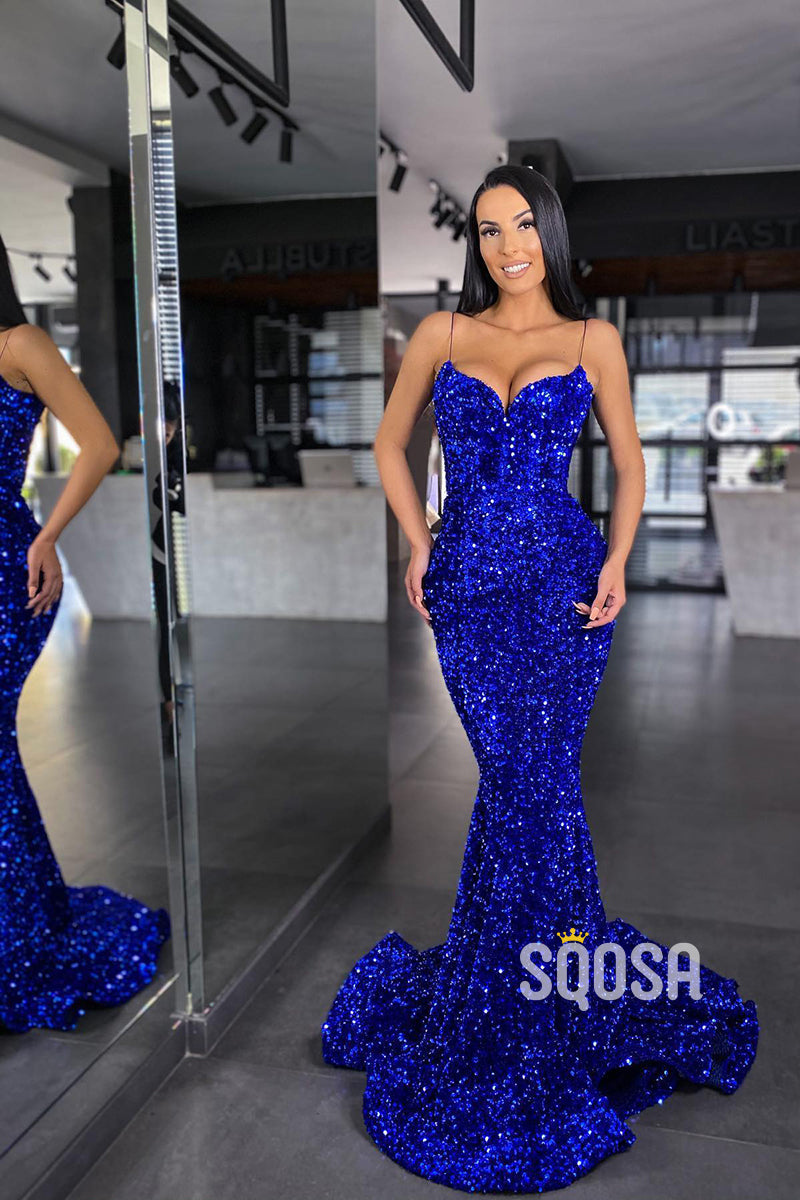 Spaghetti Straps Sequins Mermaid Long Prom Dress Glitter QP2300